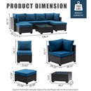 7 Pieces Outdoor Patio Furniture Set,Sectional Conversation Sofa Of Corner Chairs,Ottomans And Glass Top Table,All Weather PE Rattan and Steel Frame With Removable Cushions(Coffee+Peacock blue)