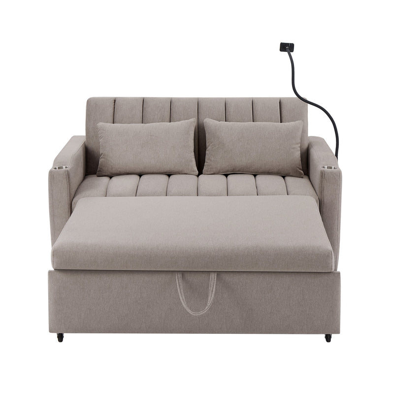 55.9" Convertible Sofa Bed Loveseat Sofa with Three USB Ports, Two Side Pockets, Two Cup Holders and 360Swivel Phone Holder for Living Room, Light Grey