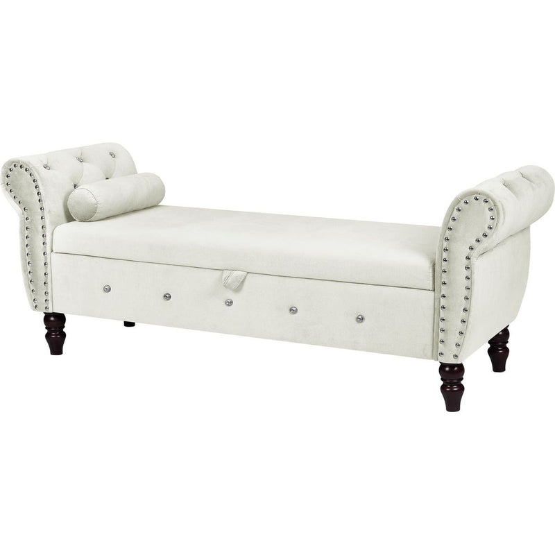 63.38"Velvet Multifunctional Storage Rectangular ottoman bench Comes with crystal buckle Solid Wood Legs with 1 Pillow,Beige