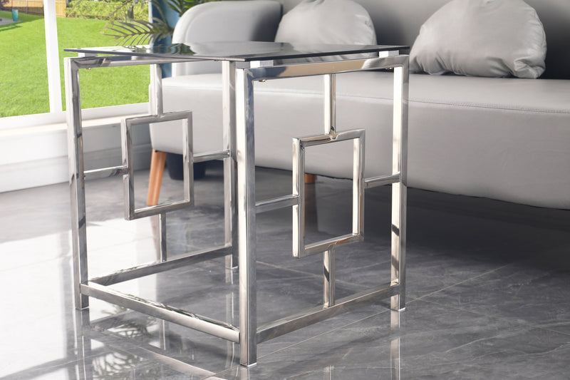 3 Pieces Silver Square Nesting Glass End Tables- Small Coffee Table Set- Stainless Steel End Tables with Dark Gray Tempered Glass- 18" Modern Minimalist Small Coffee Tables for Living Room