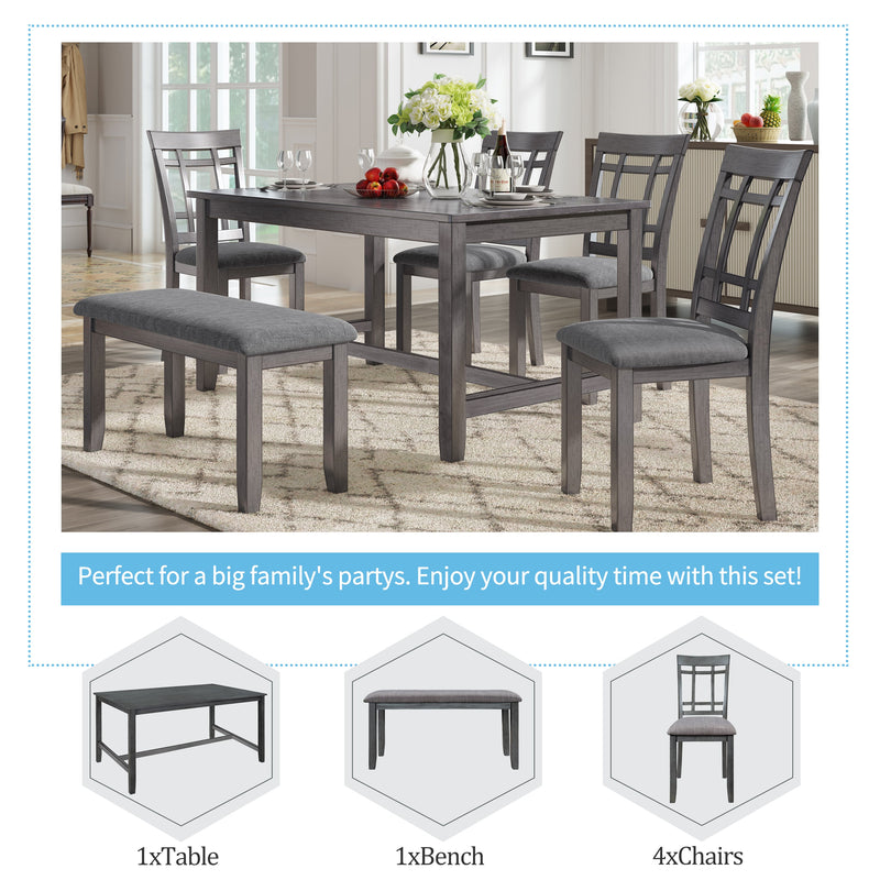 6 Piece Wooden Dining Table set, Kitchen Table set with 4 Chairs and Bench, Farmhouse Rustic Style,Gray
