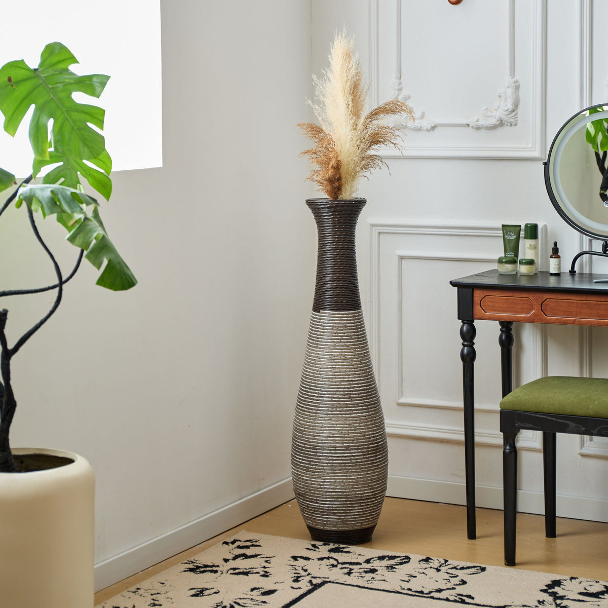 Tall Standing Designer Floor Vase Durable Artificial Rattan Elegant 2 Tone Finish Ideal Decor Accent For Living Room, Bedroom, Entryway Stylish Home Decor Statement Piece - Black / Gray, photo 8 of 17