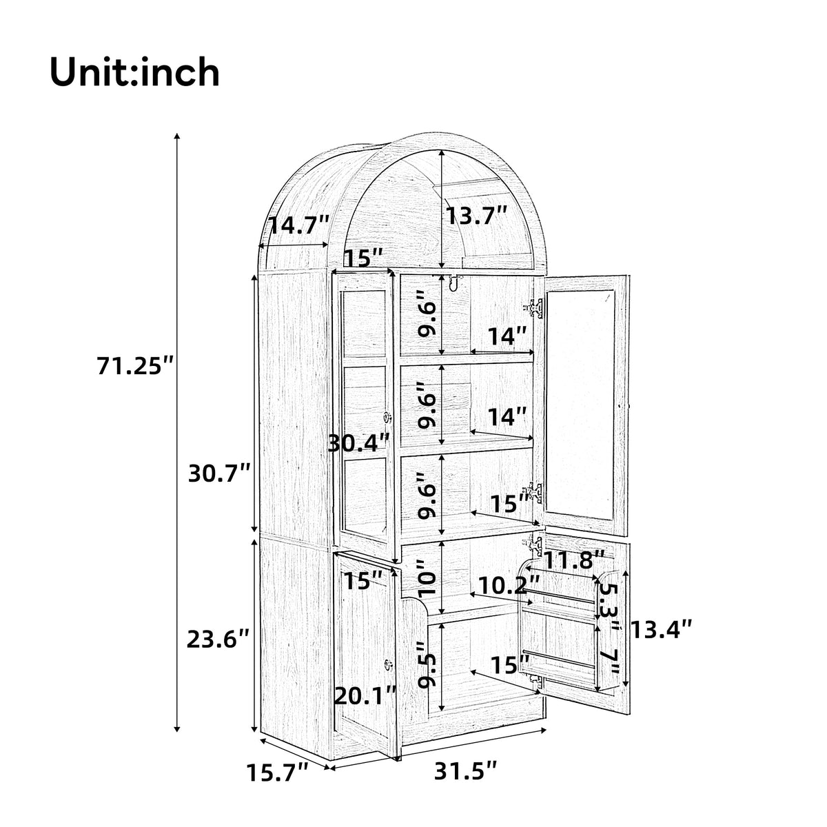 Tall Arched Top Storage Cabinet with Tempered Glass Doors, photo 5 of 10
