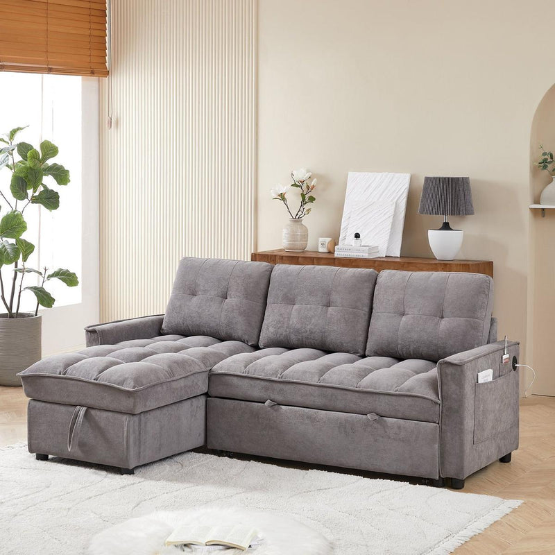 MH 78.75" Reclining Sofa, Pull-Out Sofa Bed with USB and tape-c charging ports, L-Shaped Sectional Sofa with Reclining Storage and Arm Side Organizer Pocket Features, Living Room Comfort Sofa