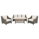 4-Piece Rattan Outdoor Conversation Sofa Set with Wooden Coffee Table and Cushions Seating 5 People for Patio, Garden and Backyard (Grey)
