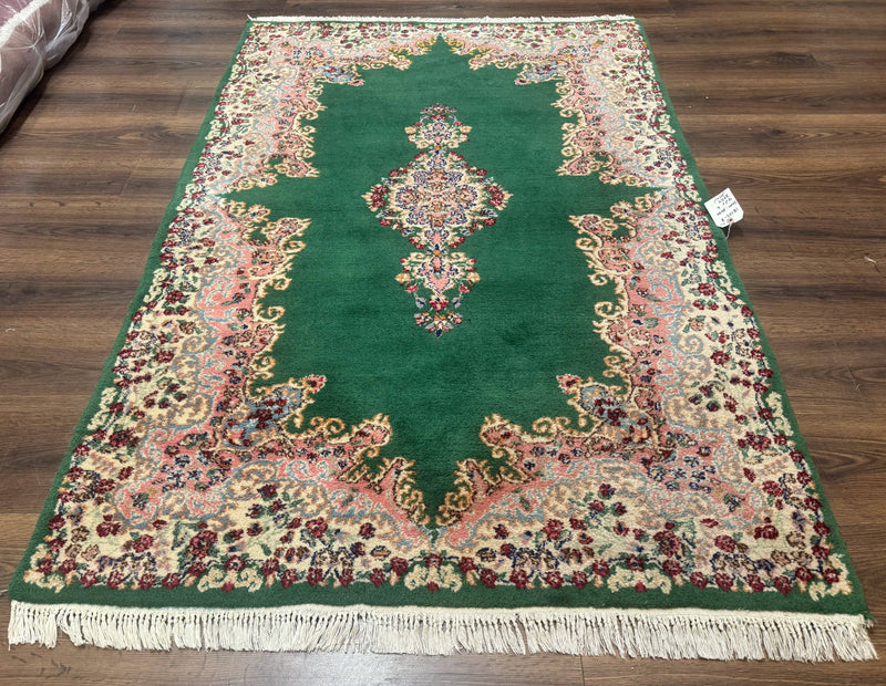 Green Persian Kerman Rug 4x6, Semi Open Field, Green & Cream, Vintage