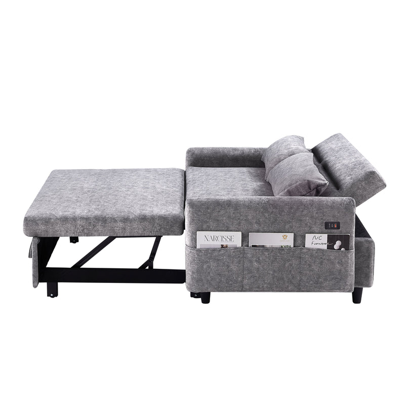 55.1" Pull Out Sleep Sofa Bed Loveseats Sofa Couch with Adjustable Backrest, Storage Pockets, 2 Soft Pillows, USB Ports for Living Room, Bedroom, Apartment, Office,Grey
