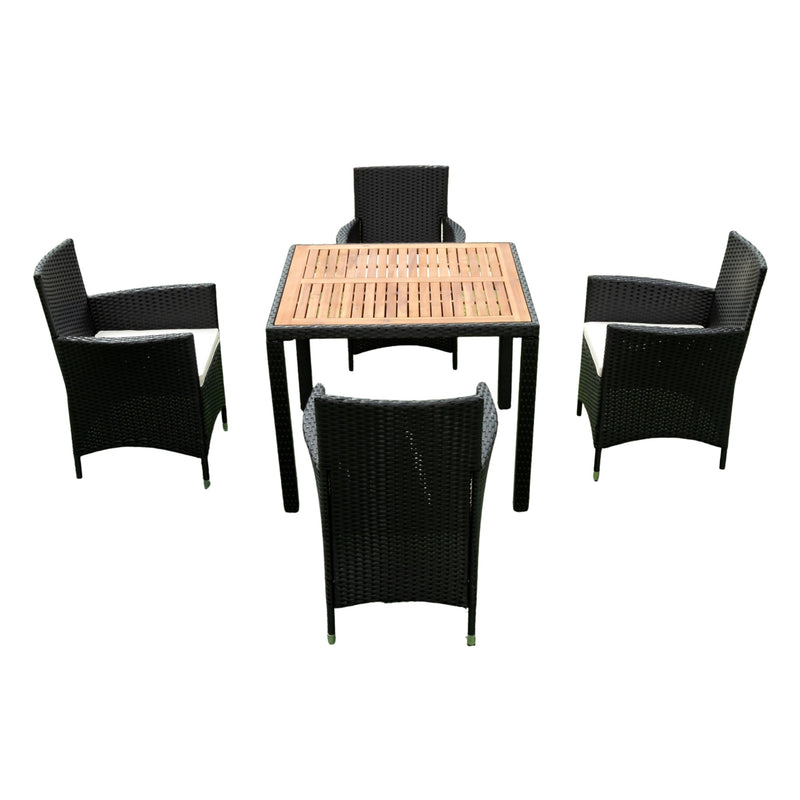 Walker Edison | 5 piece Outdoor Patio Wicker Dining Set Patio Wicker Furniture Dining Set w/Acacia Wood Top Black Wicker + Creme Cushion