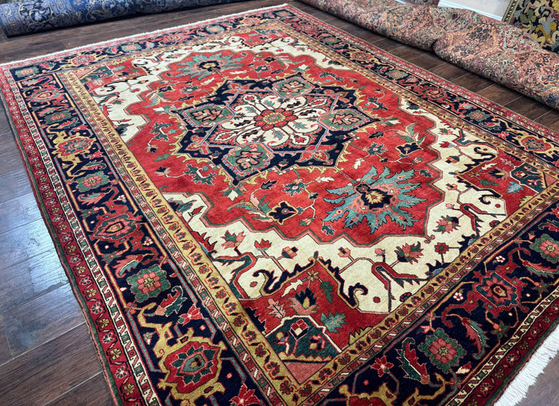 Persian Heriz Serapi Rug 8 x 10.6, Geometric Medallion, Great Colors, Rare, Red Navy Blue Ivory