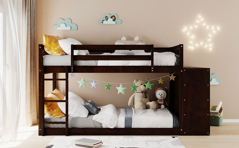 Twin over Twin Bunk Bed with 4 Drawers and 3 Shelves-Espresso