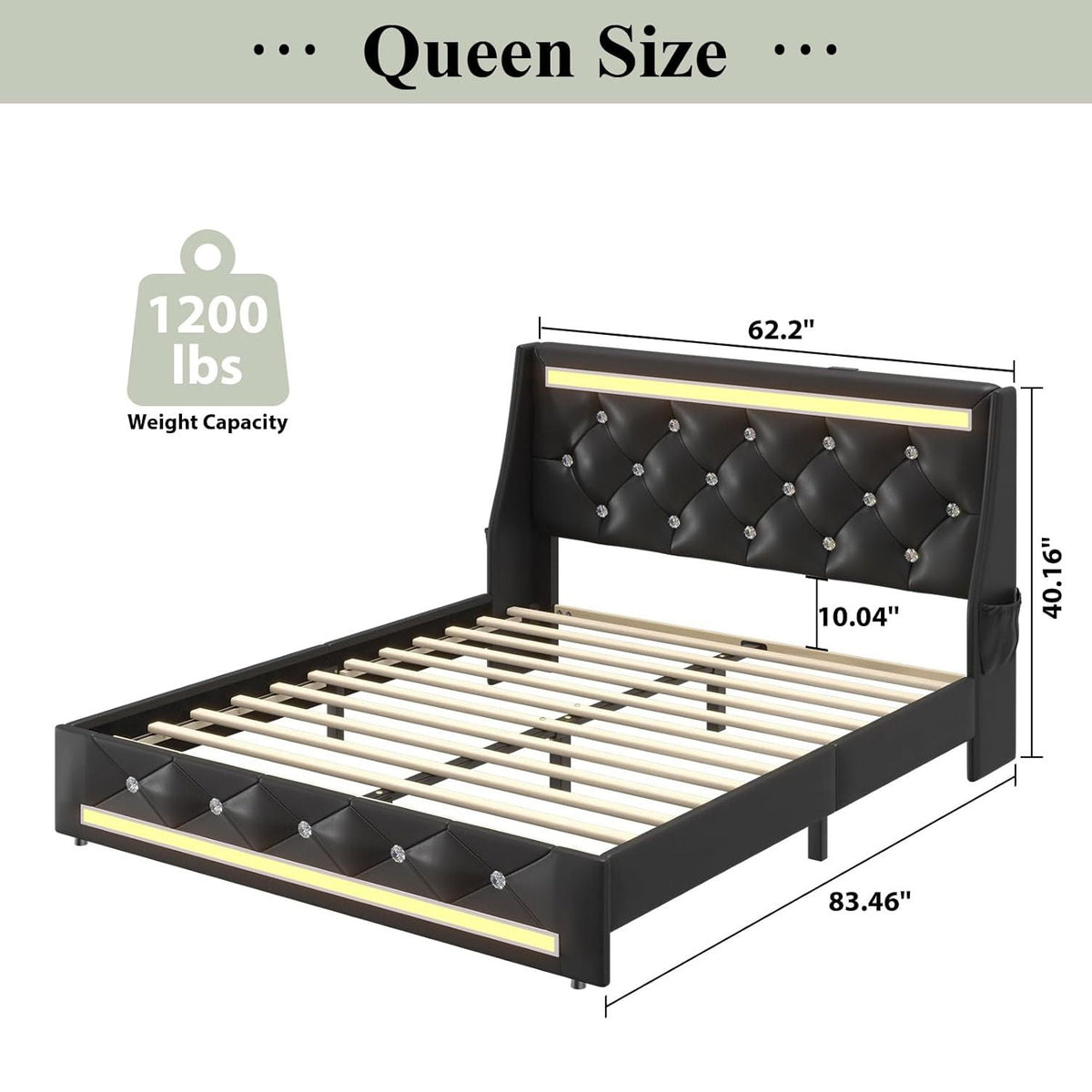 Wingback Upholstered Bed Frame With LED Lights, Charging Station, photo 24 of 40