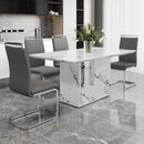 A simple dining table. A dining table with a white marble pattern. 4 PU synthetic leather high backrest cushioned side chairs with C-shaped silver metal legs. DT-SQ-16090-wh