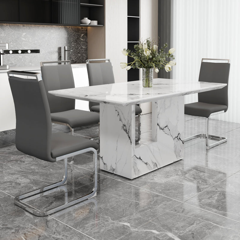 A simple dining table. A dining table with a white marble pattern. 4 PU synthetic leather high backrest cushioned side chairs with C-shaped silver metal legs. DT-SQ-16090-wh