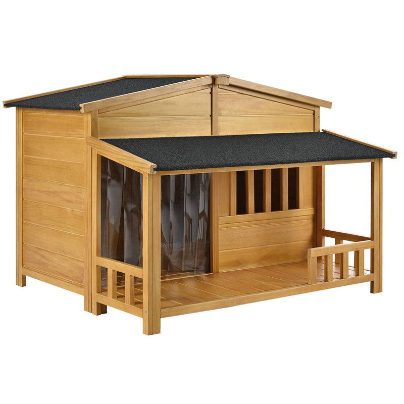 47.2" Wooden Dog House, Outdoor & Indoor Dog Crate, Pet Kennel With Porch, Solid Wood, Weatherproof, Medium, Nature