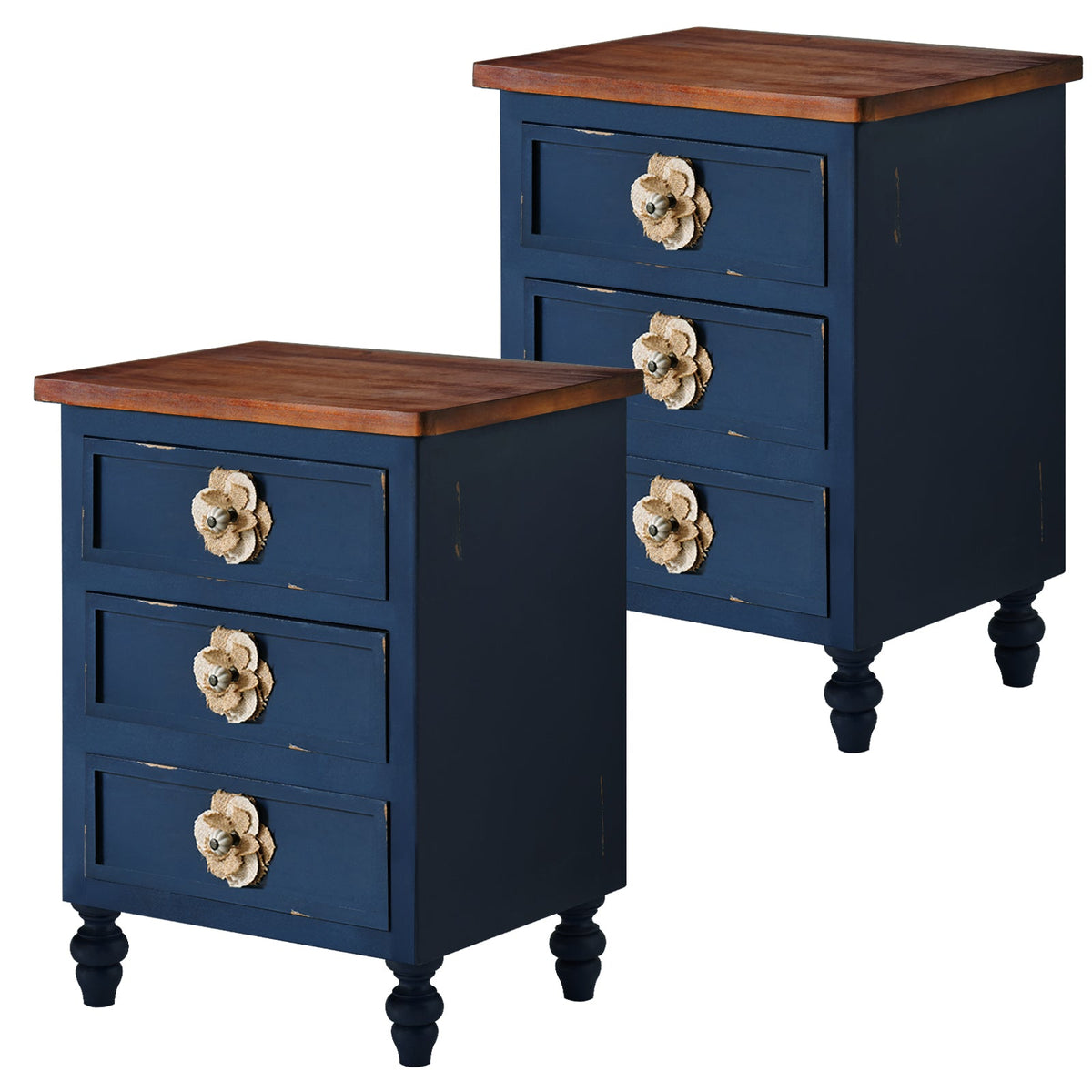 Vintage Farmhouse Nightstand with Floral Knobs, 3 Drawers, Antique Blue, photo 7 of 8