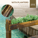 7.5' Wooden Garden Bridge with Planters, Stained Finish Arc Footbridge with Safety Railings for Backyard, Pond Stream, Stained Wood