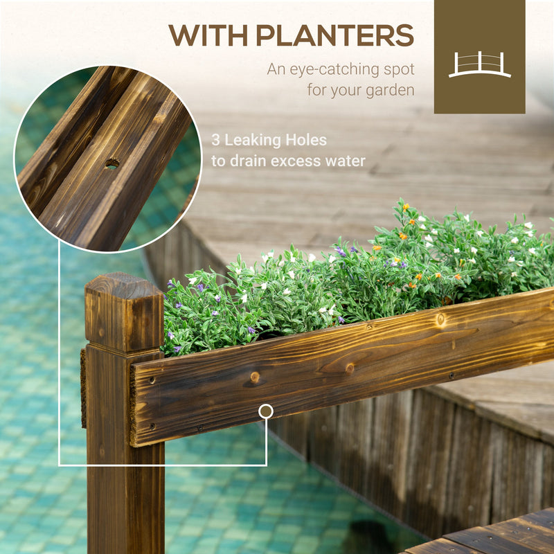 7.5' Wooden Garden Bridge with Planters, Stained Finish Arc Footbridge with Safety Railings for Backyard, Pond Stream, Stained Wood