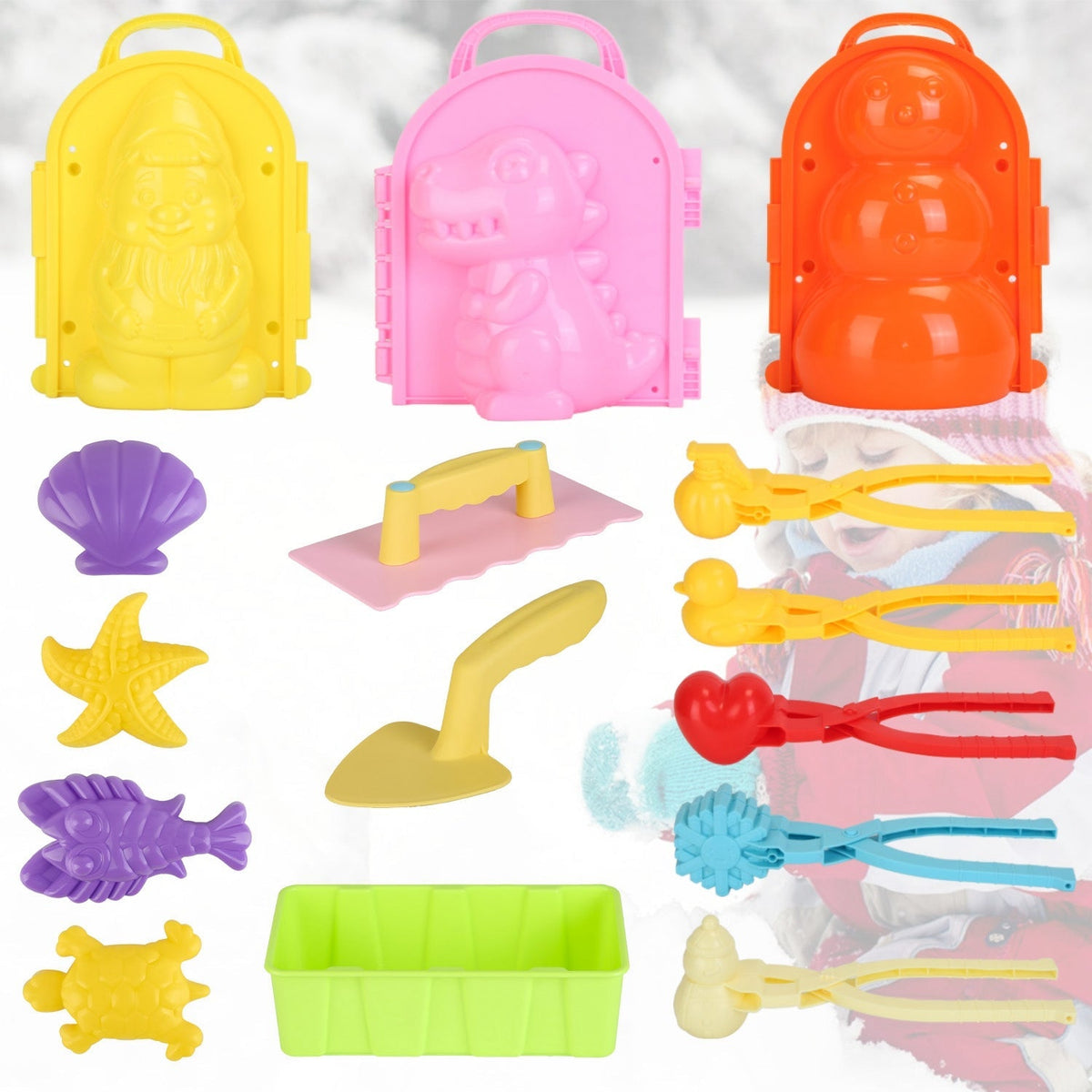 15Pcs Winter Snowball Tool Kit Kids Snow Molds Outdoor Snow Beach Toys for Kids Toddlers Adults Snowman Snowflake Duck Dinosaur, photo 13 of 14