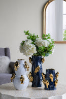 8.5x8.5x14 White Two-Tiered Ceramic Vase with Gold Bird Accents by HouseOfZazla