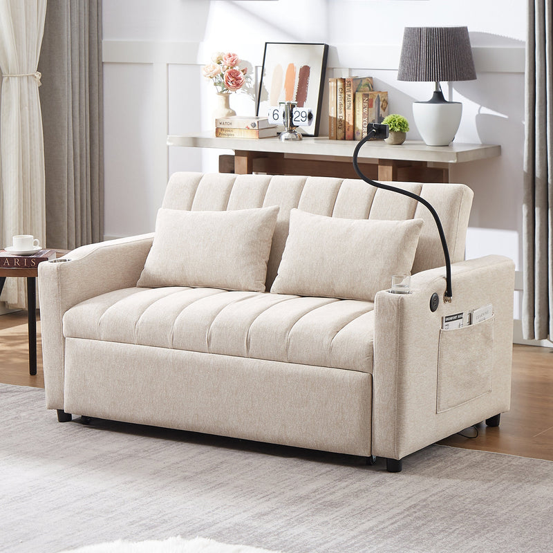 55.9" Convertible Sofa Bed Loveseat Sofa with Three USB Ports, Two Side Pockets, Two Cup Holders and 360Swivel Phone Holder for Living Room, Beige