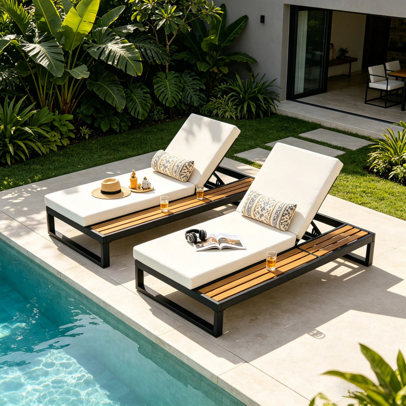 Black Iron & Teak Finish Chaise Lounge Set: 1 Frame + 1 2-Fold, photo 6 of 10