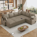 U-Shaped Sectional Sofa Bed With Storage, Charging Ports, And Cup Holders - Brown by HouseOfZazla