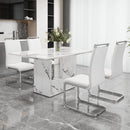 A simple dining table. A dining table with a white marble pattern. 4 PU synthetic leather high backrest cushioned side chairs with C-shaped silver metal legs. DT-SQ-16090-wh