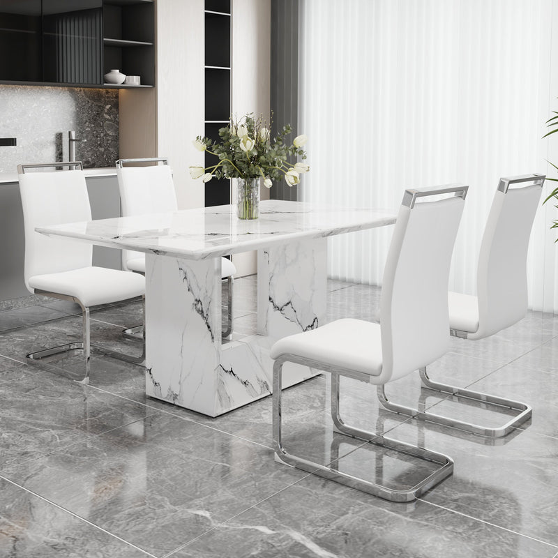 A simple dining table. A dining table with a white marble pattern. 4 PU synthetic leather high backrest cushioned side chairs with C-shaped silver metal legs. DT-SQ-16090-wh