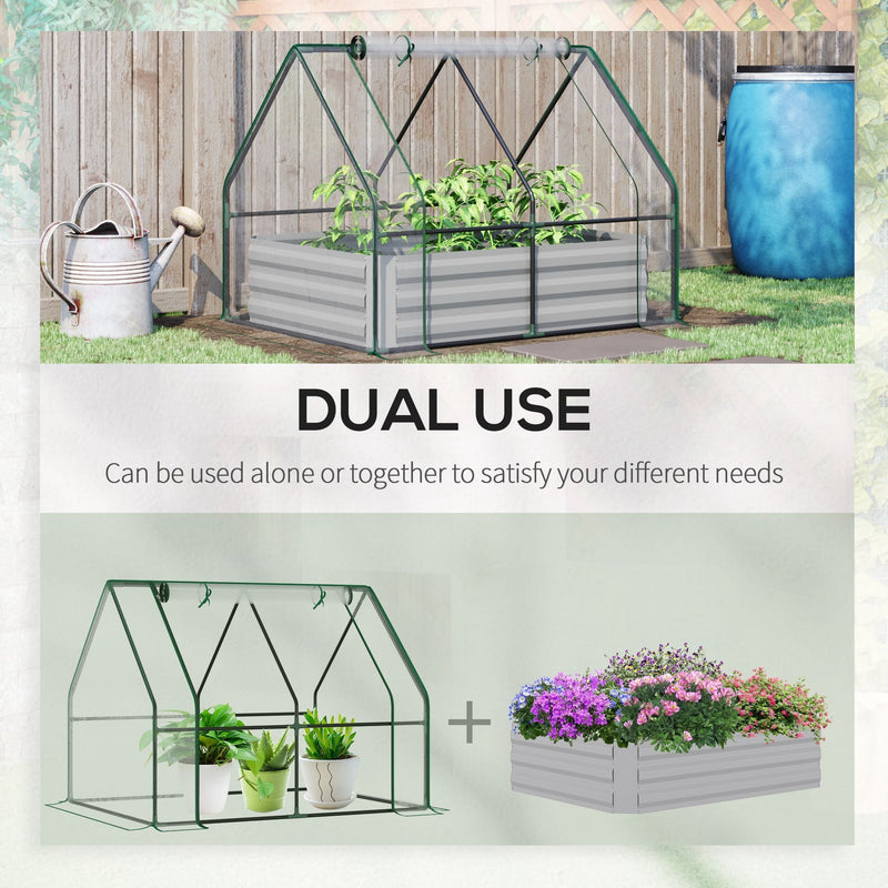 4' x 3' Galvanized Raised Garden Bed with Mini PVC Greenhouse Cover, Outdoor Metal Planter Box with 2 Roll-Up Windows for Growing Flowers, Fruits, Vegetables and Herbs, Clear