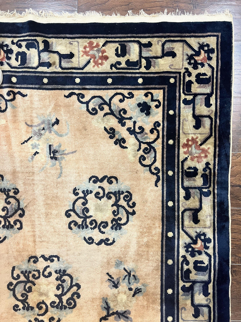 Chinese Peking Rug 4x6, Wool Hand Knotted Handmade Vintage Semi Antique Carpet, Semi Open Field, Light Peach & Navy Blue, Art Deco Rug
