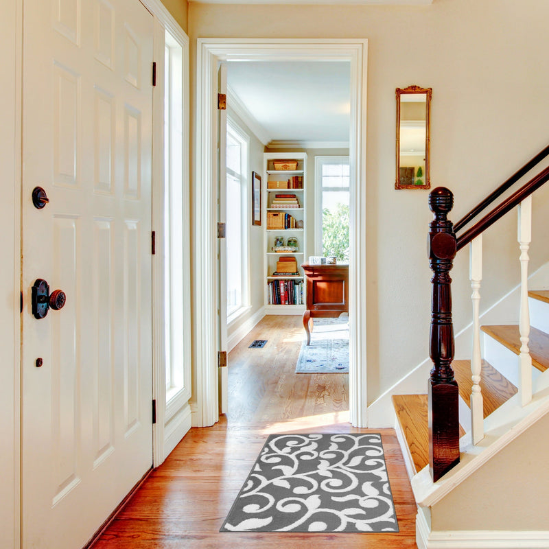 Sussex Home, Landing Rug, Slip Resistant Indoor Carpets Includes Adhesive Tape  2' x 3'-Floral Collection |Gray&White