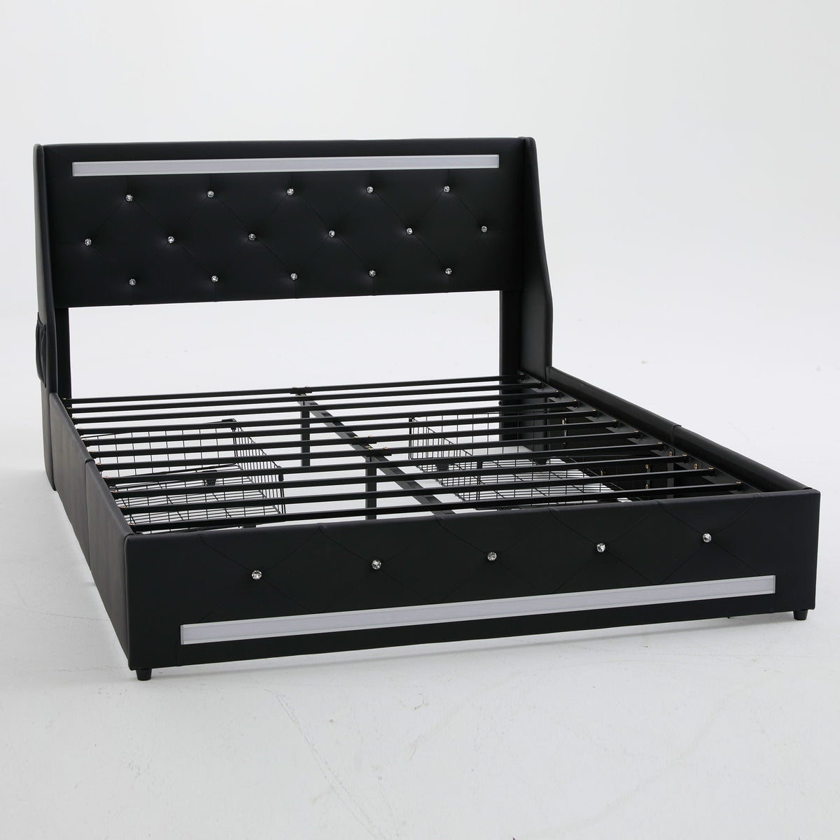 Wingback Upholstered Bed Frame With LED Lights, Charging Station, photo 4 of 40