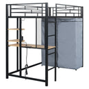 Loft Bed With Desk, Shelves, Power Outlet, LED Light And Wardrobe