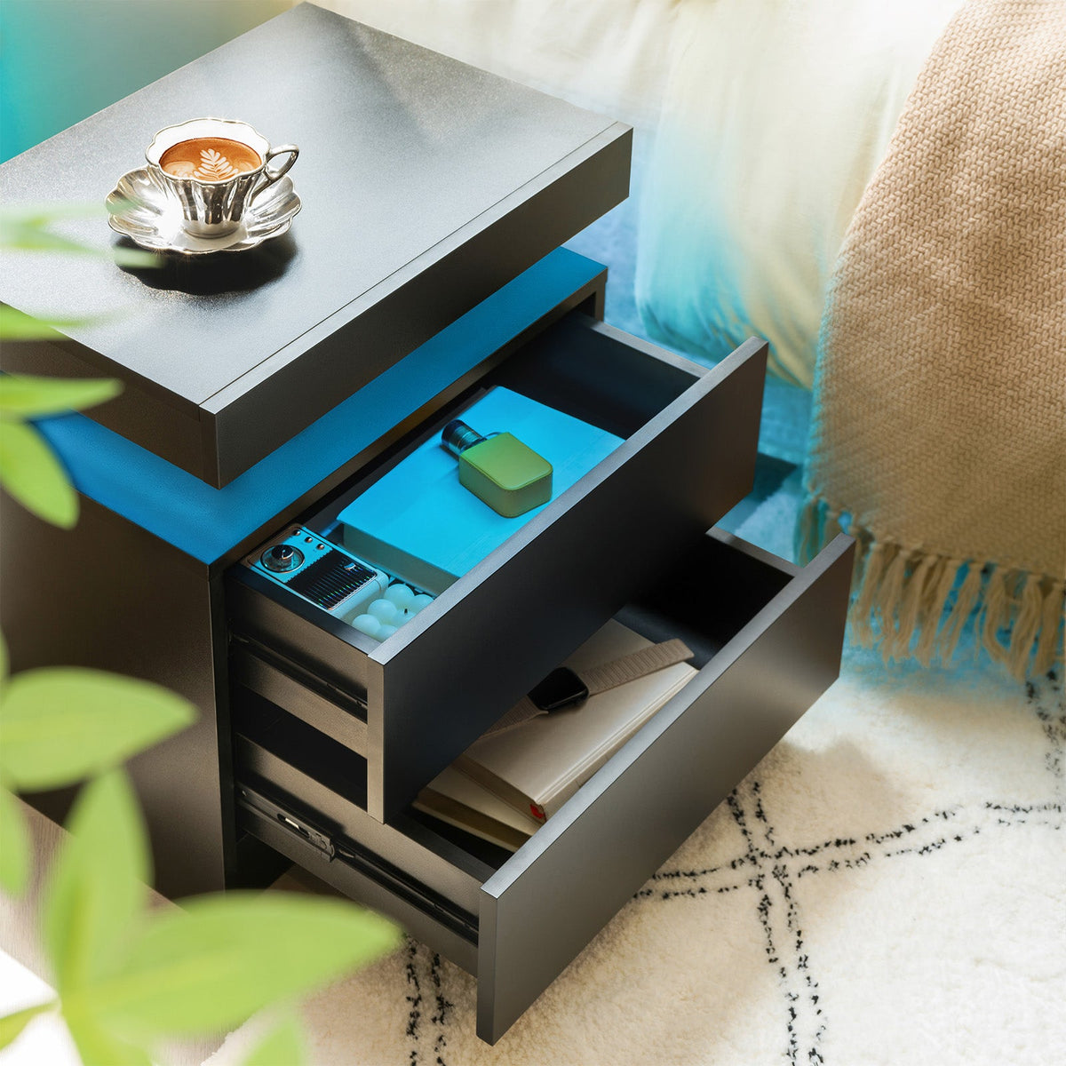 Modern LED Nightstand Bedside Table with 2 Drawers, photo 5 of 8