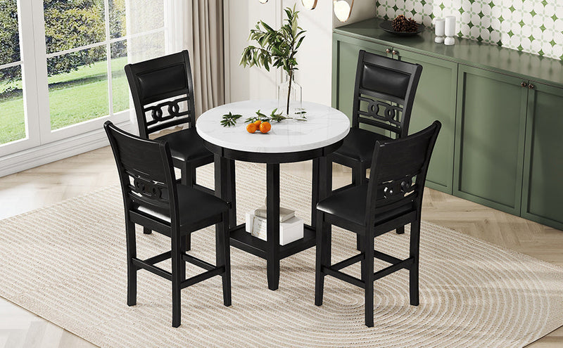 5-piece Counter Height Dining Round Table Set with One Faux Marble Top Dining Table and Four PU-leather Chairs,Dark Espresso