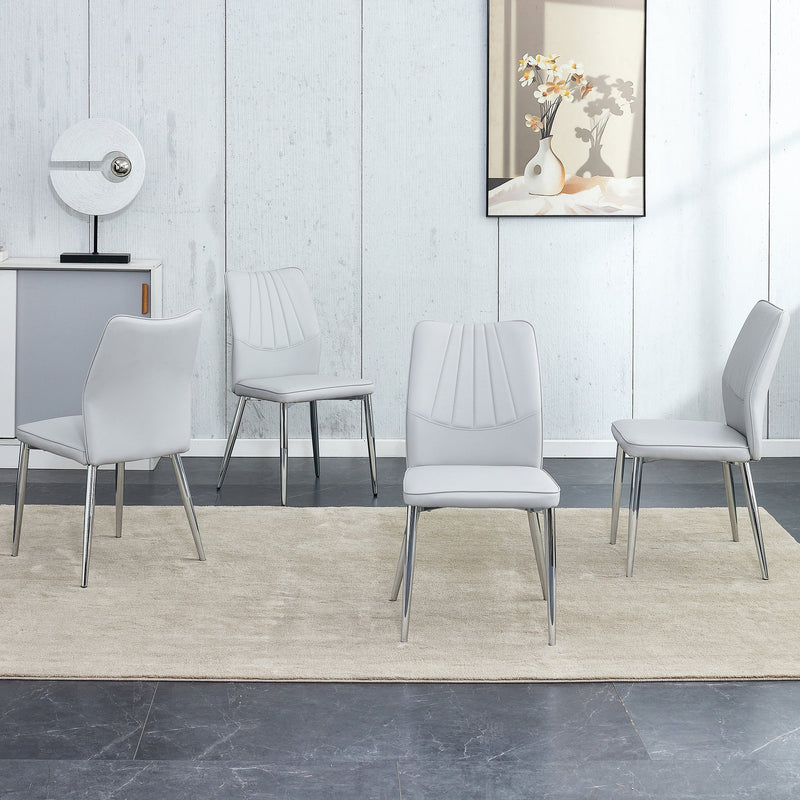 6 light gray dining chairs. Modern chairs from the Middle Ages. Made of PU material cushion and silver metal legs. Suitable for restaurants and living rooms