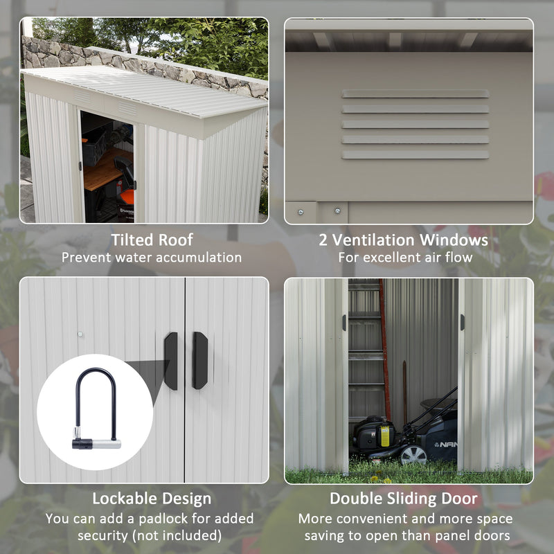 7' x 4' Metal Lean to Garden Shed, Outdoor Storage Shed, Garden Tool House with Double Sliding Doors, 2 Air Vents for Backyard, Patio, Lawn, Silver