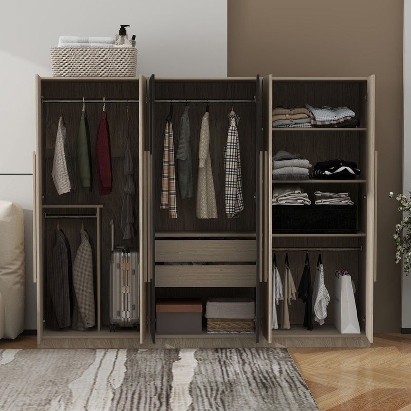 6 Doors Wardrobe Storage For Bedroom, With 2 Drawers Inside - Black / Nature, photo 3 of 7