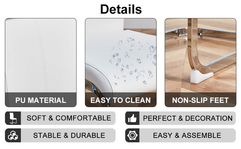 A simple dining table. A dining table with a white marble pattern. 4 PU synthetic leather high backrest cushioned side chairs with C-shaped silver metal legs. DT-SQ-16090-wh