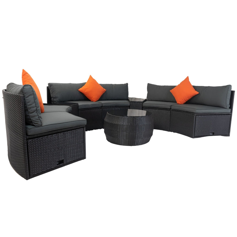 Walker Edison | Wicker Outdoor Sectional 6 Piece Patio Set with Storage and Pillows