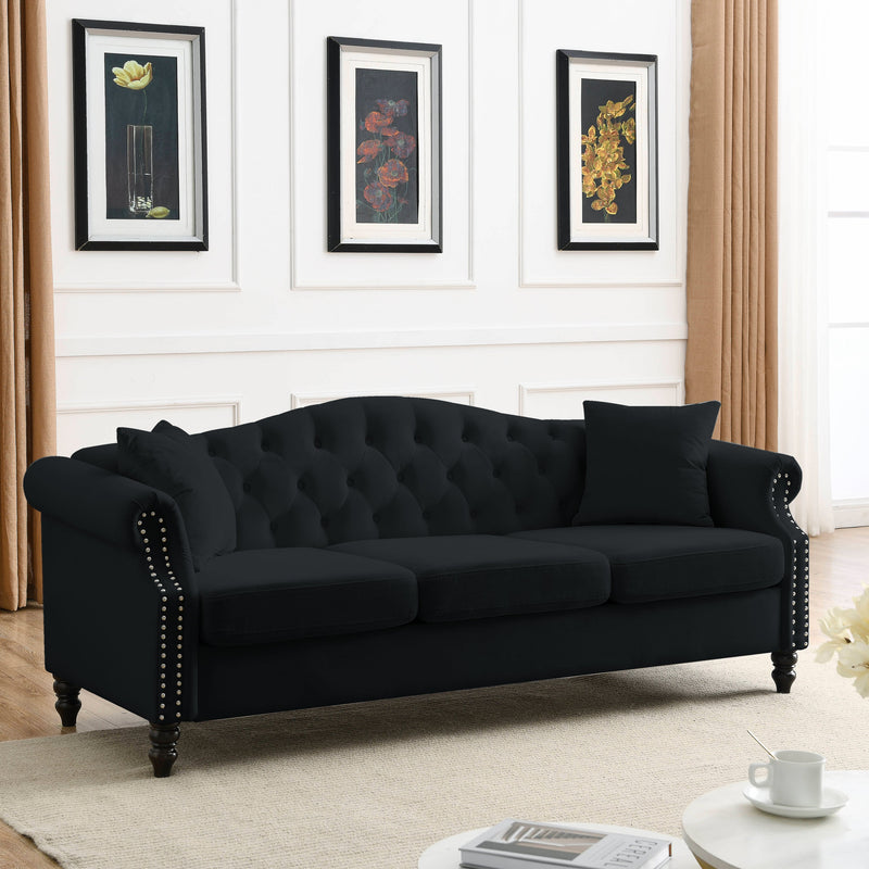 79" Chesterfield Sofa Black Velvet for Living Room, 3 Seater Sofa Tufted Couch with Rolled Arms and Nailhead for Living Room, Bedroom, Office, Apartment, 3S+3S