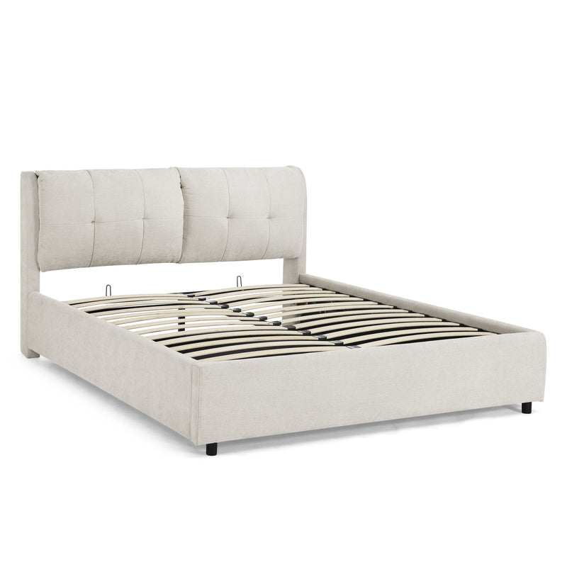 Queen Size Storage Upholstered Hydraulic Platform Bed with Integrated Headboard, Chenille Fabric, Beige