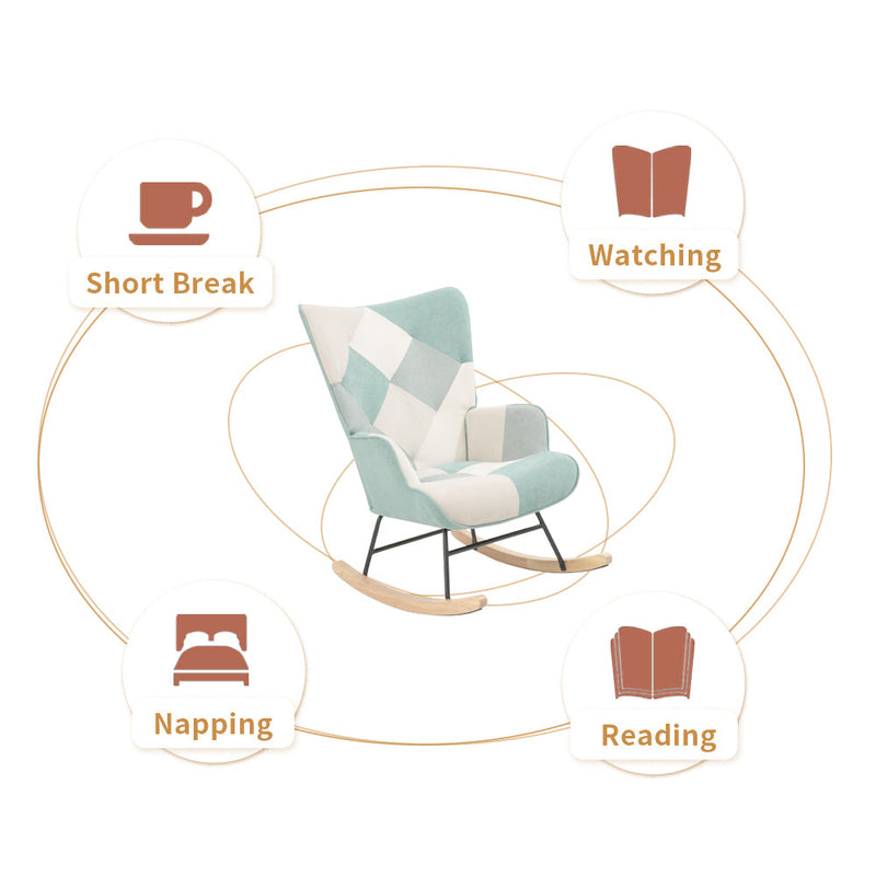 Accent Rocking Chair, Mid Century Fabric Rocker Chair with Wood Legs and Patchwork Linen for Livingroom Bedroom