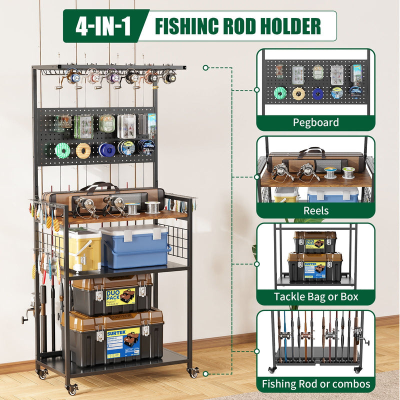 Fishing Rod Storage Rack With Pegboard, Rolling Tackle Organizer Cart - Black, photo 4 of 13