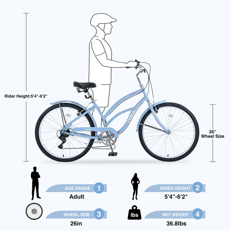 7 Speed Bicycles, Multiple Colors 26"Inch Beach Cruiser Bike