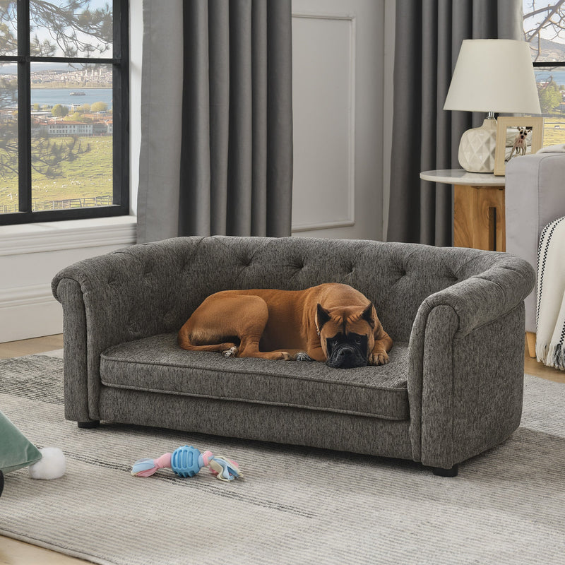 Contemporary Dark Grey Pet Sofa with Arc-Shaped Backrest and Armrests, Breathable Linen and Cozy Soft Cushion for Dogs