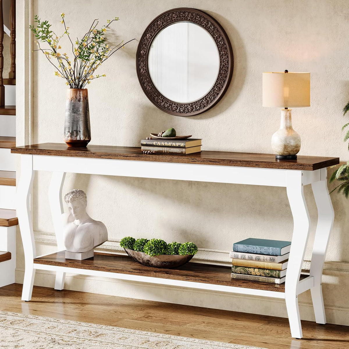 Console Table With Design, Extra Long Sofa Table For Living Entryway - Brown / White, photo 7 of 10