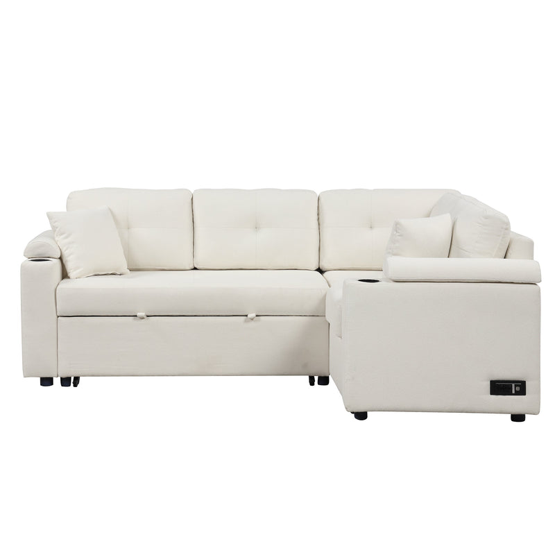 87.4" L-shape Sofa Bed Pull-out Sleeper Sofa with Wheels, USB Ports, Power Sockets for Living Room, Beige