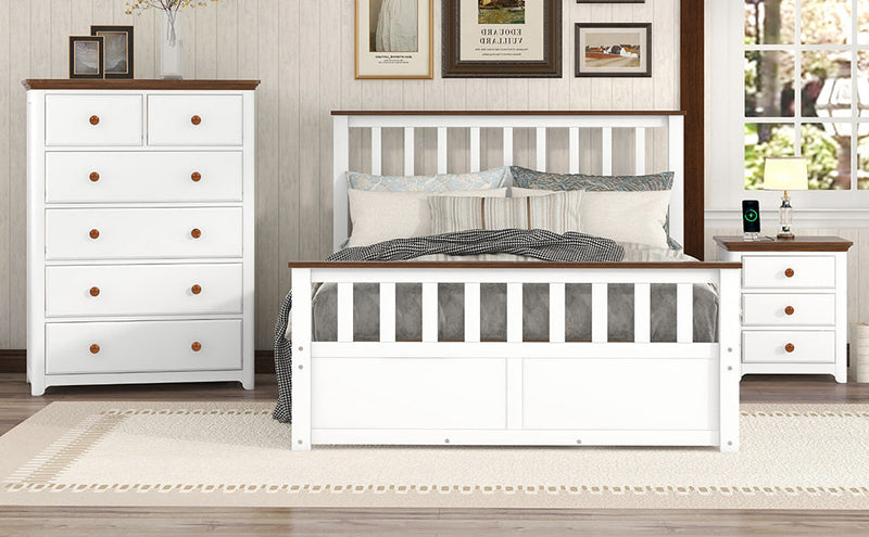 3-Pieces Bedroom Sets Full Size Platform Bed with Nightstand(USB Charging Ports) and Storage Chest,White+Walnut