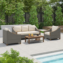 4-Piece Rattan Outdoor Conversation Sofa Set with Wooden Coffee Table and Cushions Seating 5 People for Patio, Garden and Backyard (Grey)